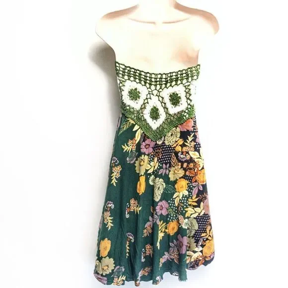 Thai Green Floral Crocheted Bodice Midi Summer Dress Sz S/M - Picture 5 of 11